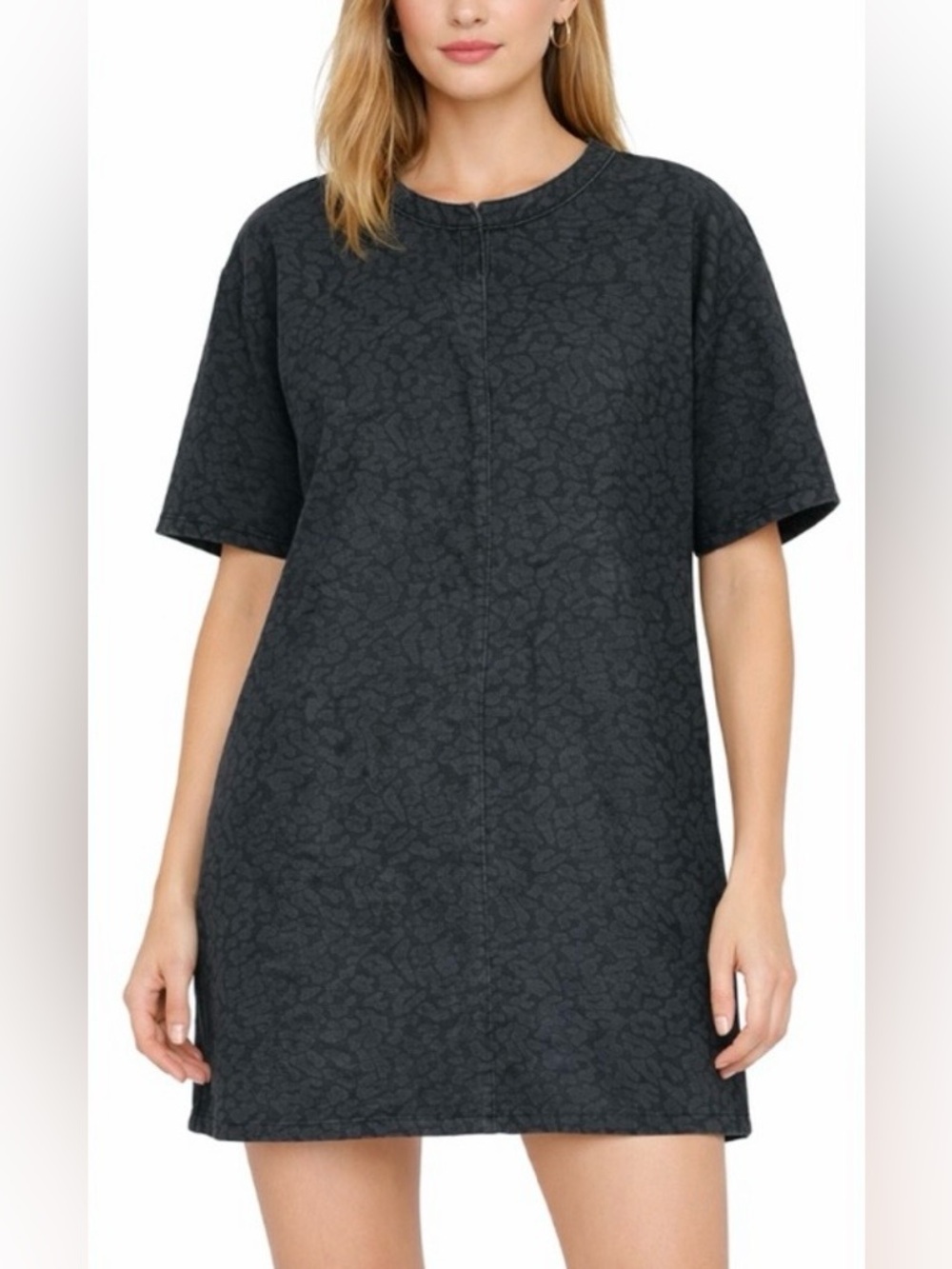 Lili Sidonio Short Sleeve Denim Mini Dress Size XS Black Leopard Print